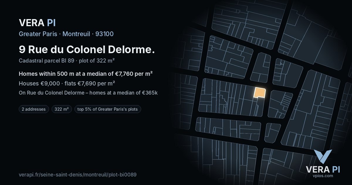 9 Rue du Colonel Delorme, Montreuil at night – the plot lit, the parcels around coloured by the prices near them