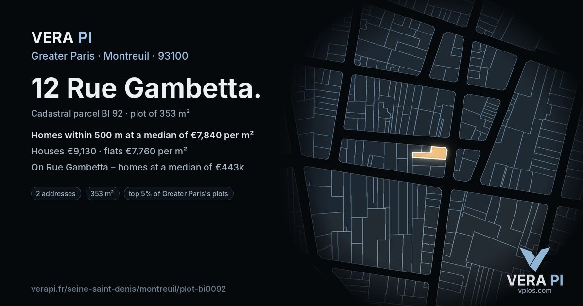 12 Rue Gambetta, Montreuil at night – the plot lit, the parcels around coloured by the prices near them