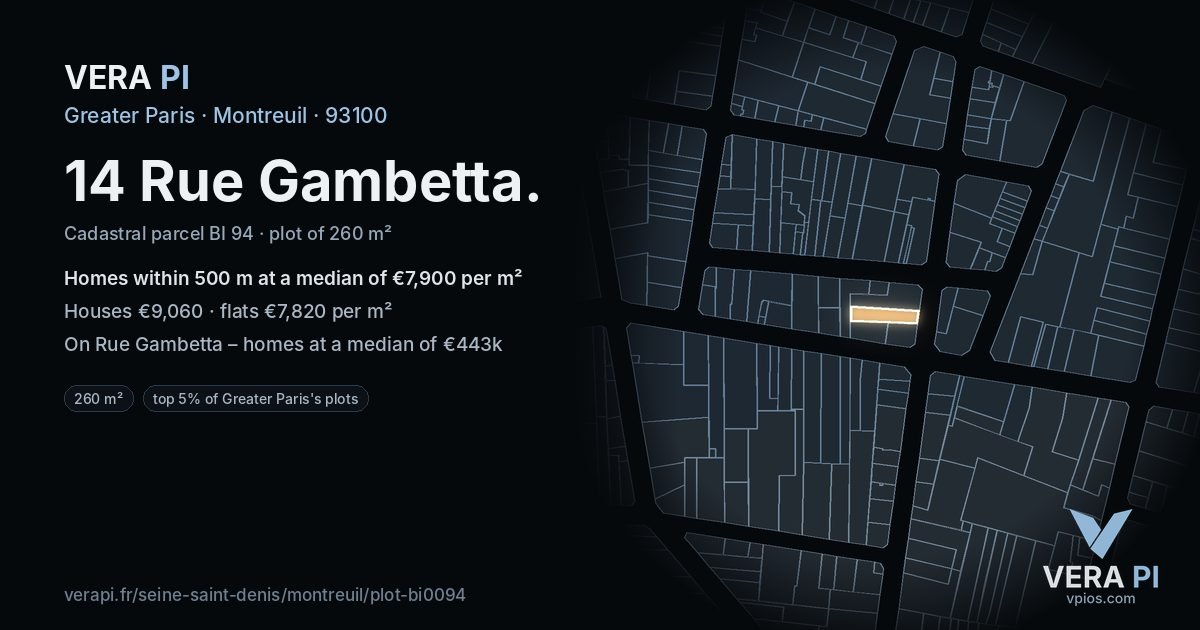 14 Rue Gambetta, Montreuil at night – the plot lit, the parcels around coloured by the prices near them