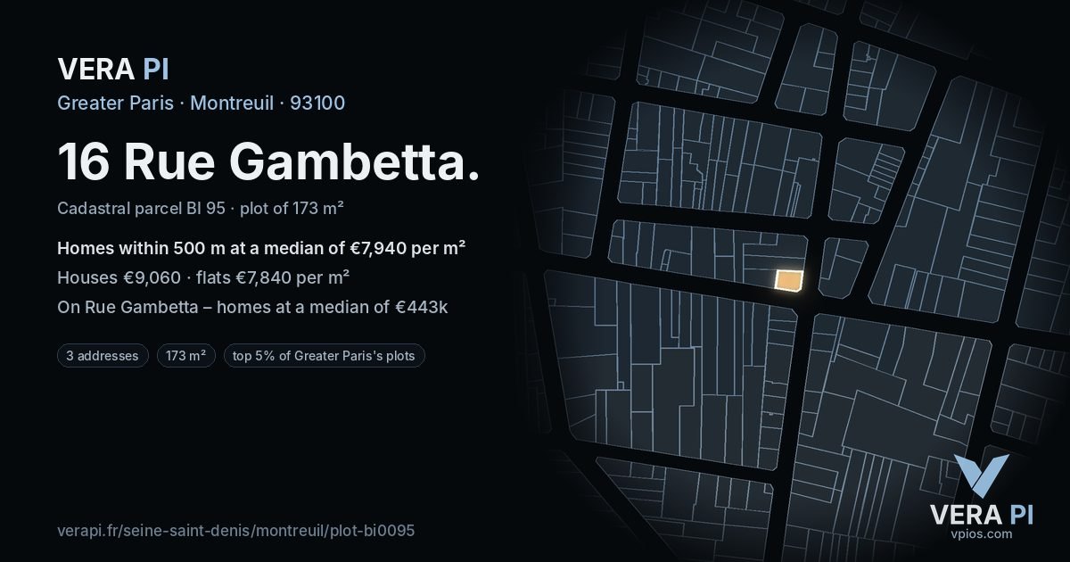 16 Rue Gambetta, Montreuil at night – the plot lit, the parcels around coloured by the prices near them