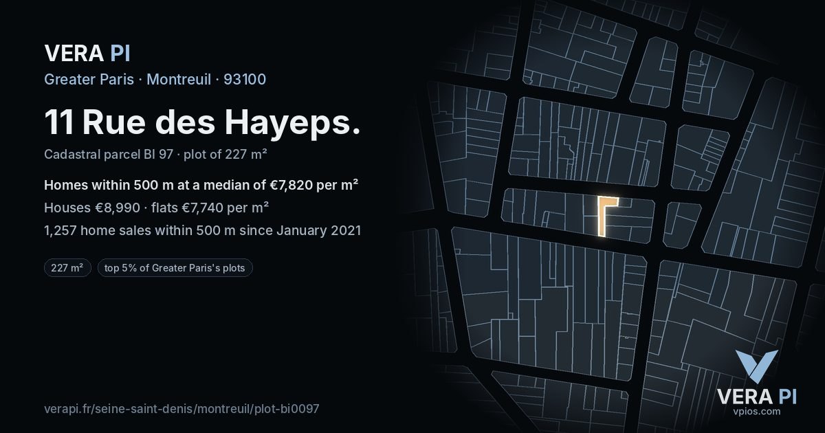 11 Rue des Hayeps, Montreuil at night – the plot lit, the parcels around coloured by the prices near them