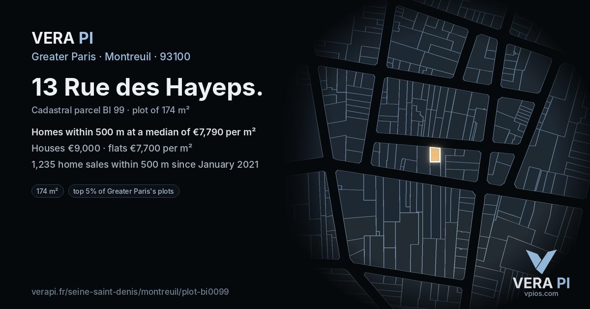 13 Rue des Hayeps, Montreuil at night – the plot lit, the parcels around coloured by the prices near them