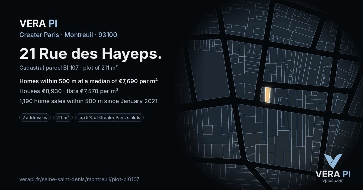 21 Rue des Hayeps, Montreuil at night – the plot lit, the parcels around coloured by the prices near them