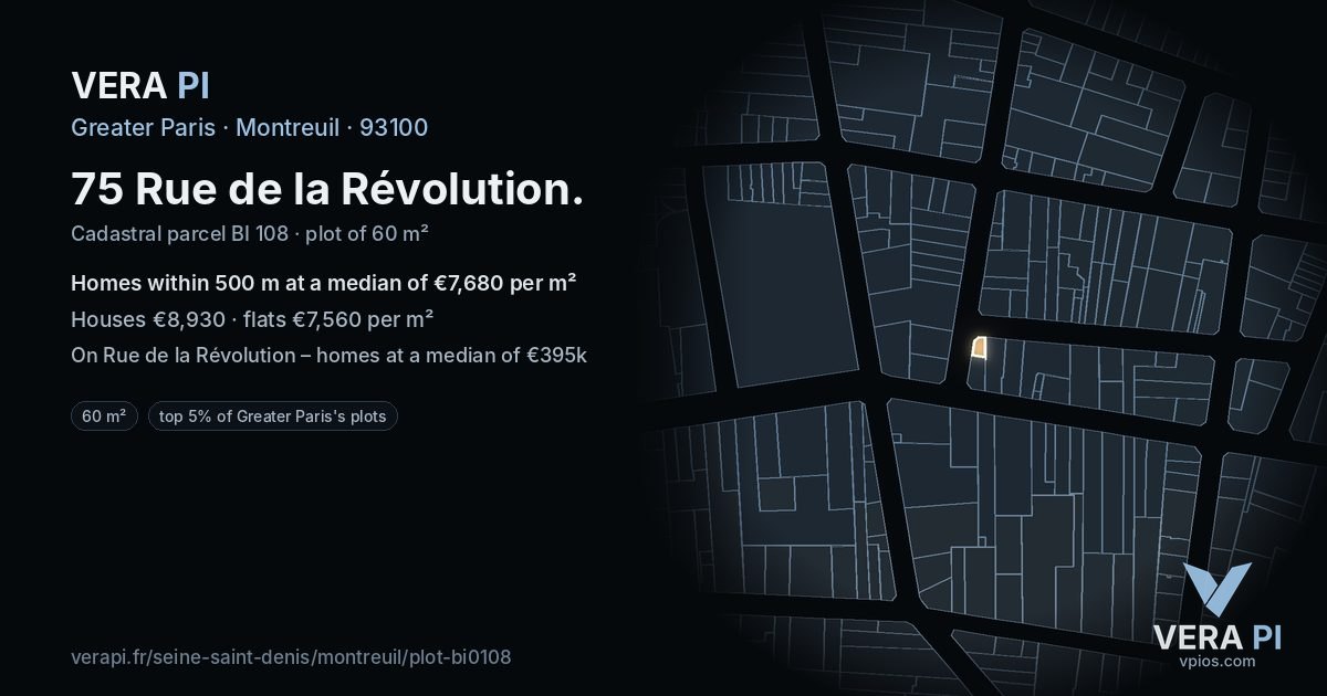 75 Rue de la Révolution, Montreuil at night – the plot lit, the parcels around coloured by the prices near them