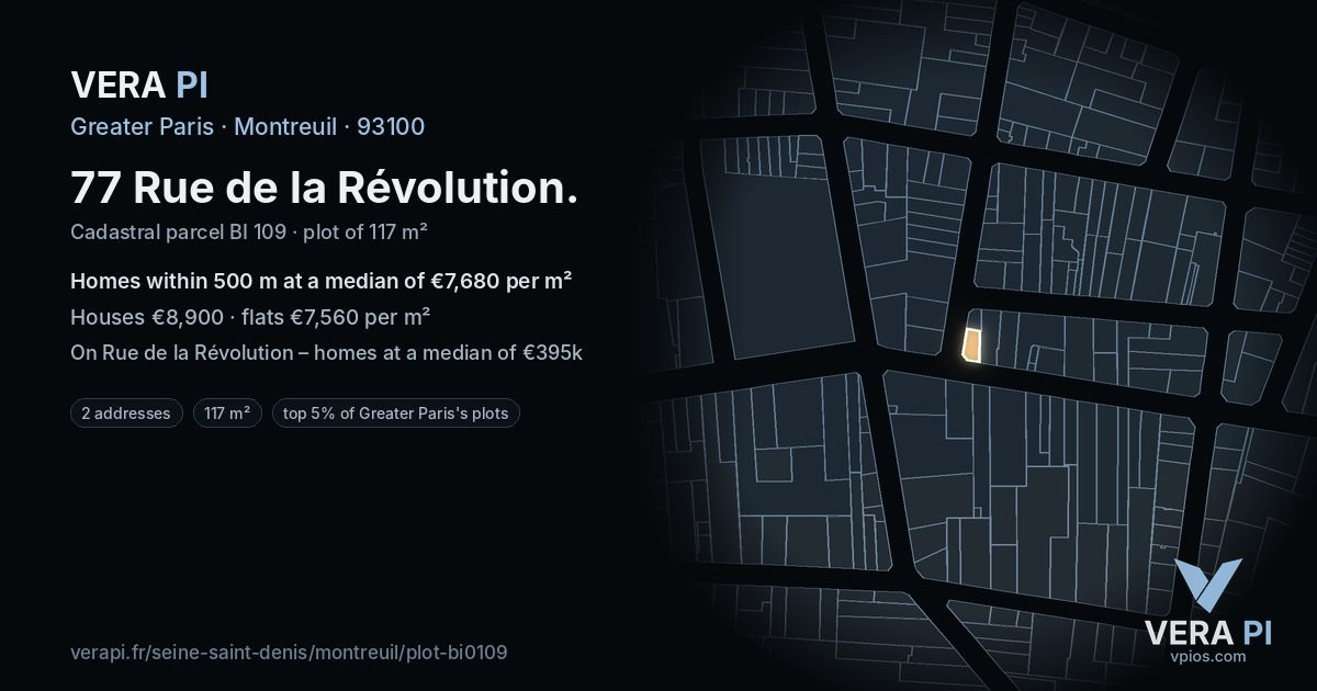 77 Rue de la Révolution, Montreuil at night – the plot lit, the parcels around coloured by the prices near them
