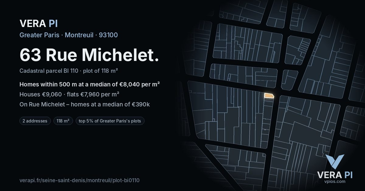 63 Rue Michelet, Montreuil at night – the plot lit, the parcels around coloured by the prices near them