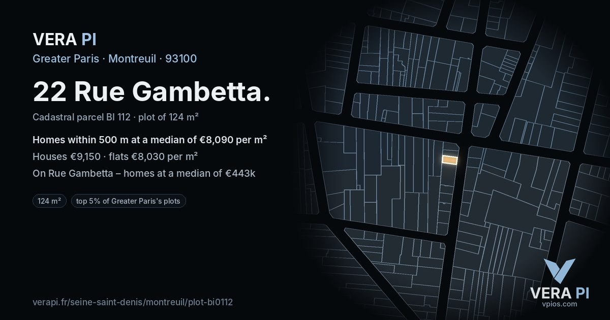 22 Rue Gambetta, Montreuil at night – the plot lit, the parcels around coloured by the prices near them