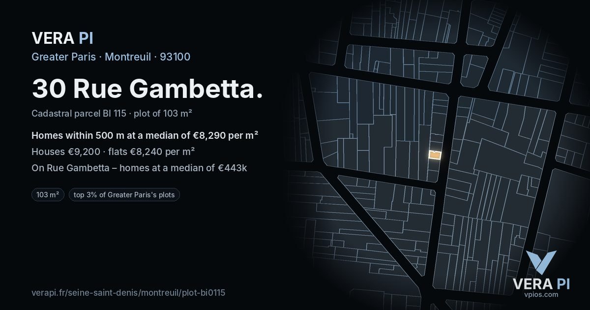 30 Rue Gambetta, Montreuil at night – the plot lit, the parcels around coloured by the prices near them