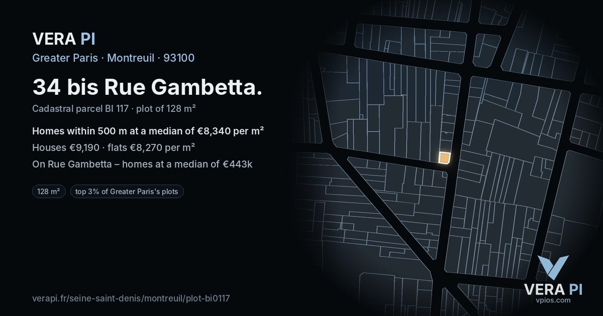 34 bis Rue Gambetta, Montreuil at night – the plot lit, the parcels around coloured by the prices near them