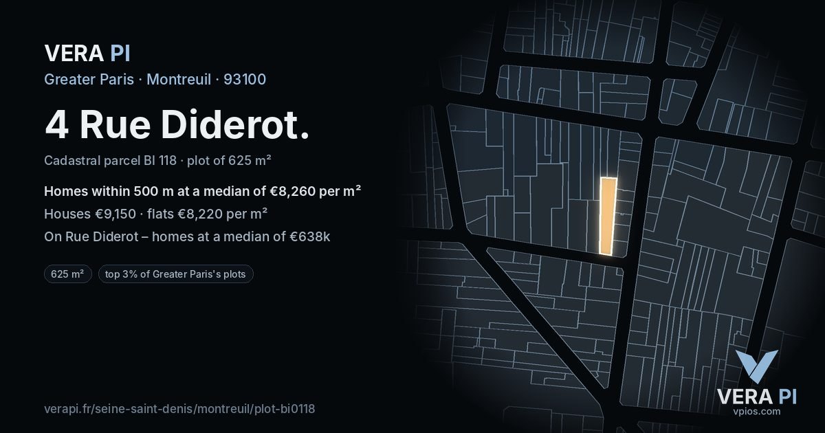 4 Rue Diderot, Montreuil at night – the plot lit, the parcels around coloured by the prices near them