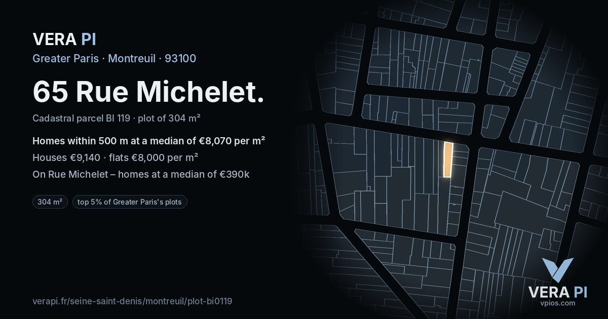 65 Rue Michelet, Montreuil at night – the plot lit, the parcels around coloured by the prices near them