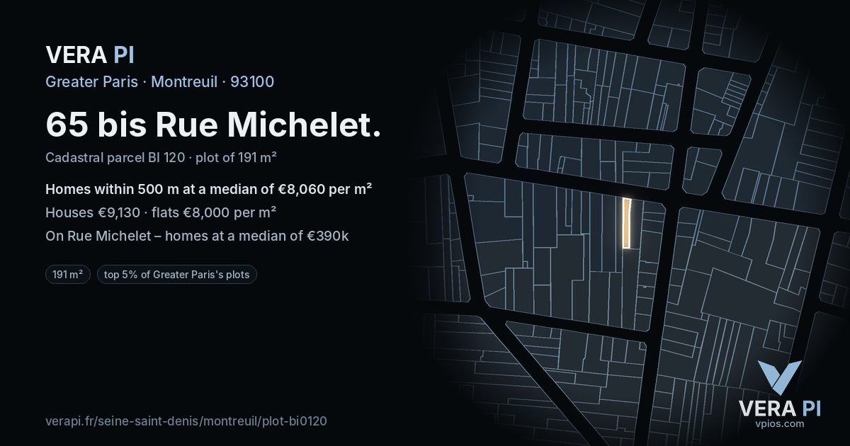 65 bis Rue Michelet, Montreuil at night – the plot lit, the parcels around coloured by the prices near them