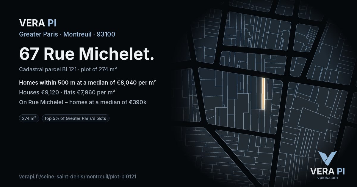 67 Rue Michelet, Montreuil at night – the plot lit, the parcels around coloured by the prices near them