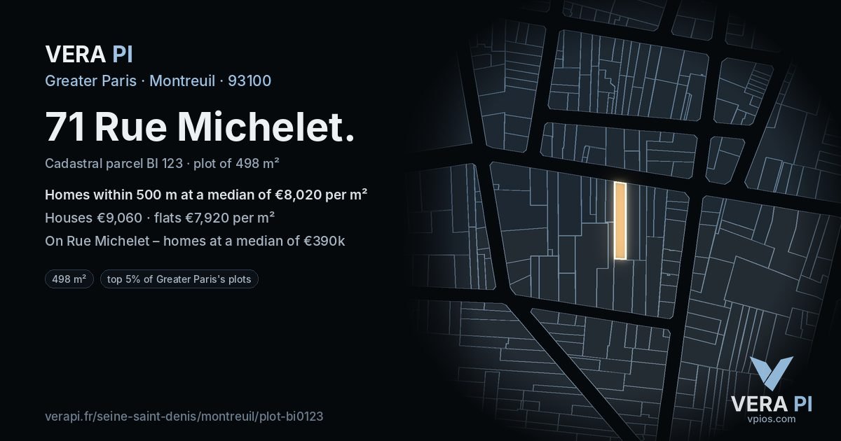 71 Rue Michelet, Montreuil at night – the plot lit, the parcels around coloured by the prices near them