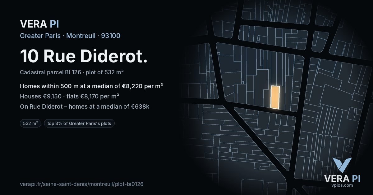 10 Rue Diderot, Montreuil at night – the plot lit, the parcels around coloured by the prices near them