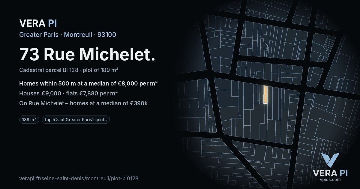 73 Rue Michelet, Montreuil at night – the plot lit, the parcels around coloured by the prices near them