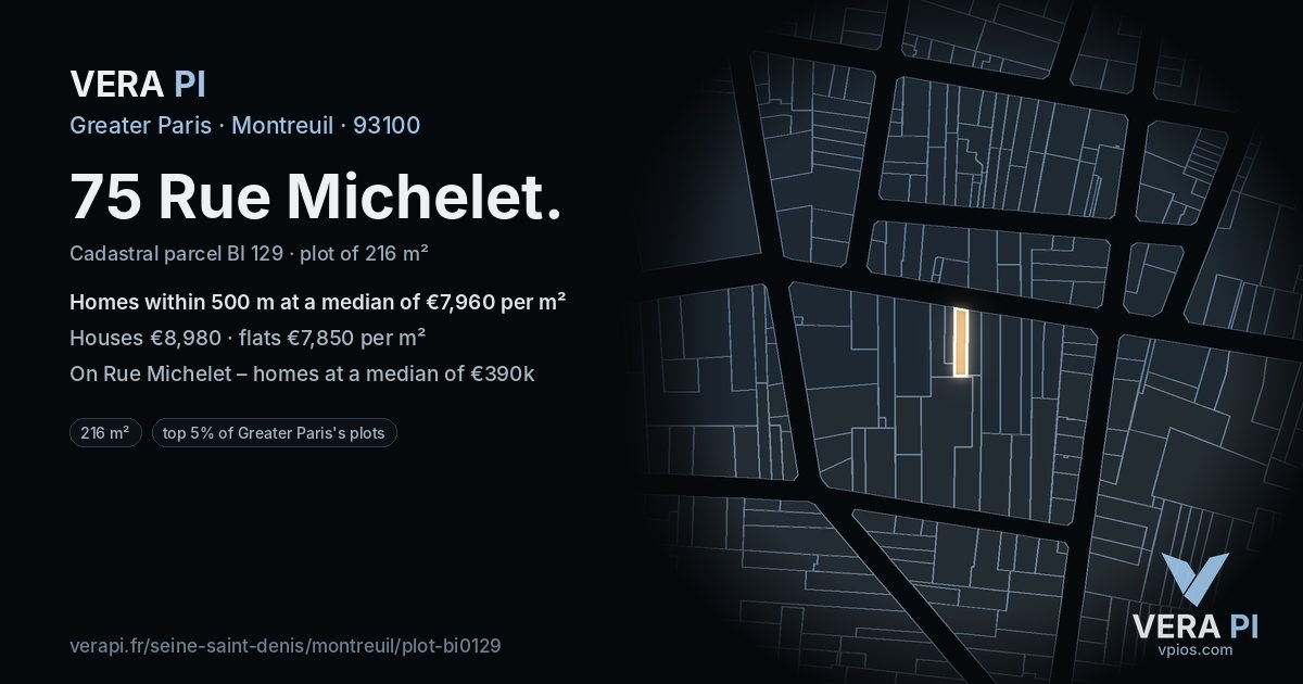75 Rue Michelet, Montreuil at night – the plot lit, the parcels around coloured by the prices near them