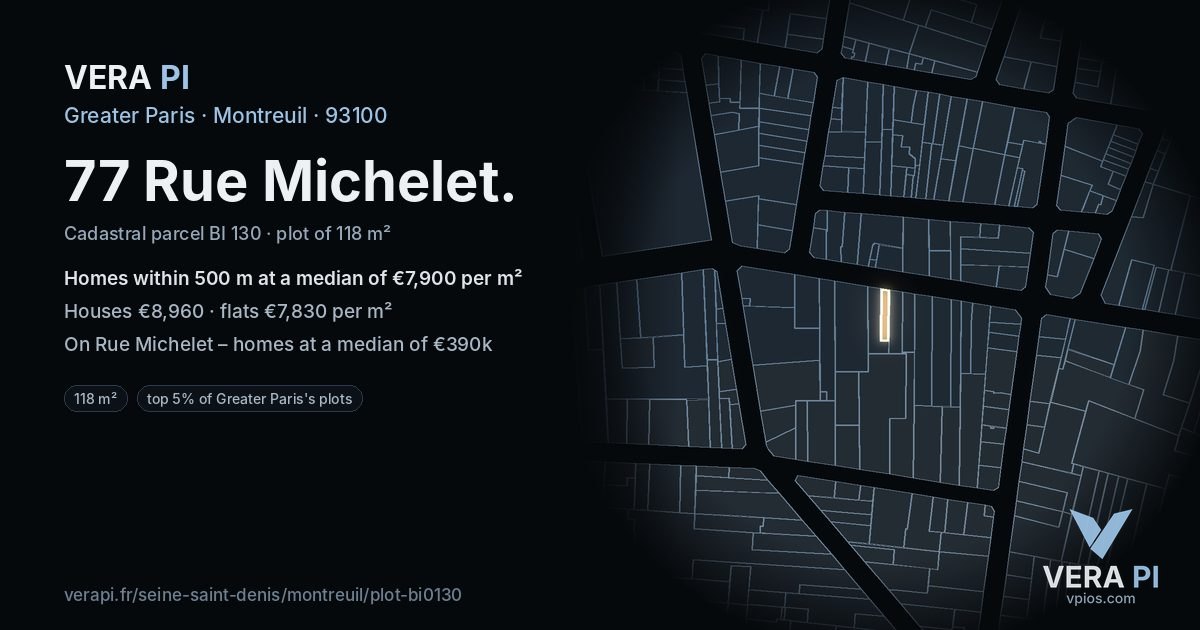 77 Rue Michelet, Montreuil at night – the plot lit, the parcels around coloured by the prices near them