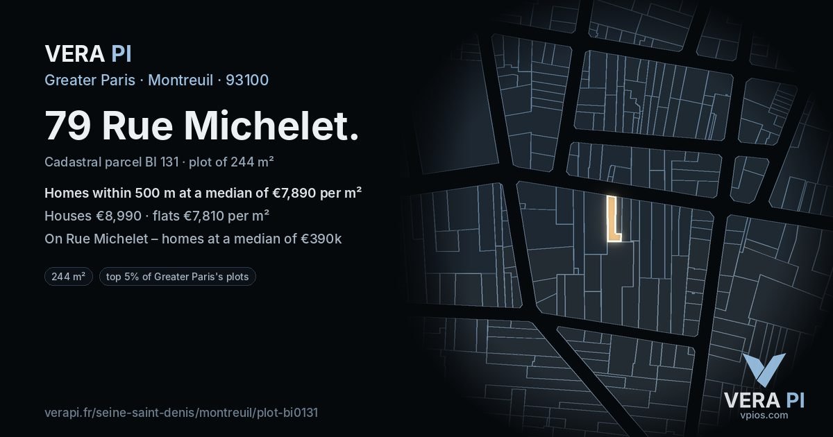 79 Rue Michelet, Montreuil at night – the plot lit, the parcels around coloured by the prices near them
