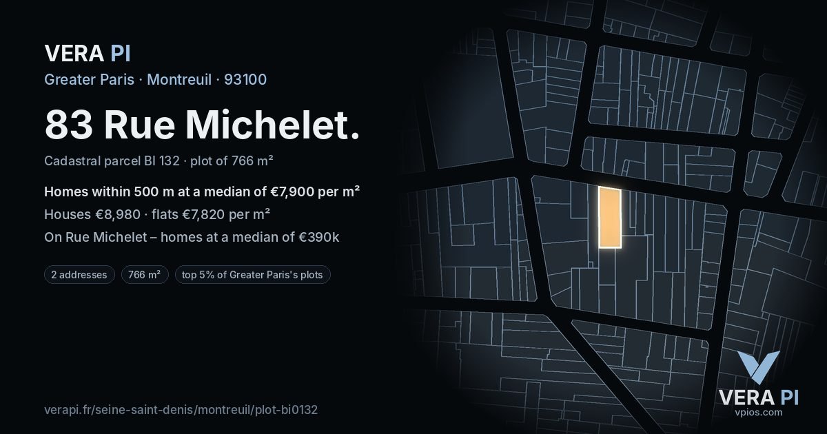 83 Rue Michelet, Montreuil at night – the plot lit, the parcels around coloured by the prices near them