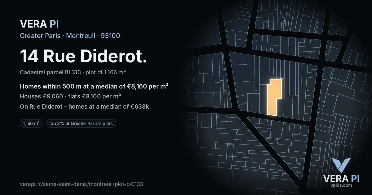 14 Rue Diderot, Montreuil at night – the plot lit, the parcels around coloured by the prices near them