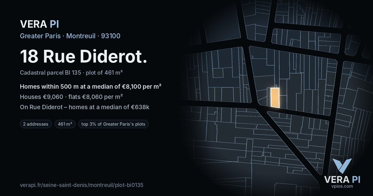 18 Rue Diderot, Montreuil at night – the plot lit, the parcels around coloured by the prices near them