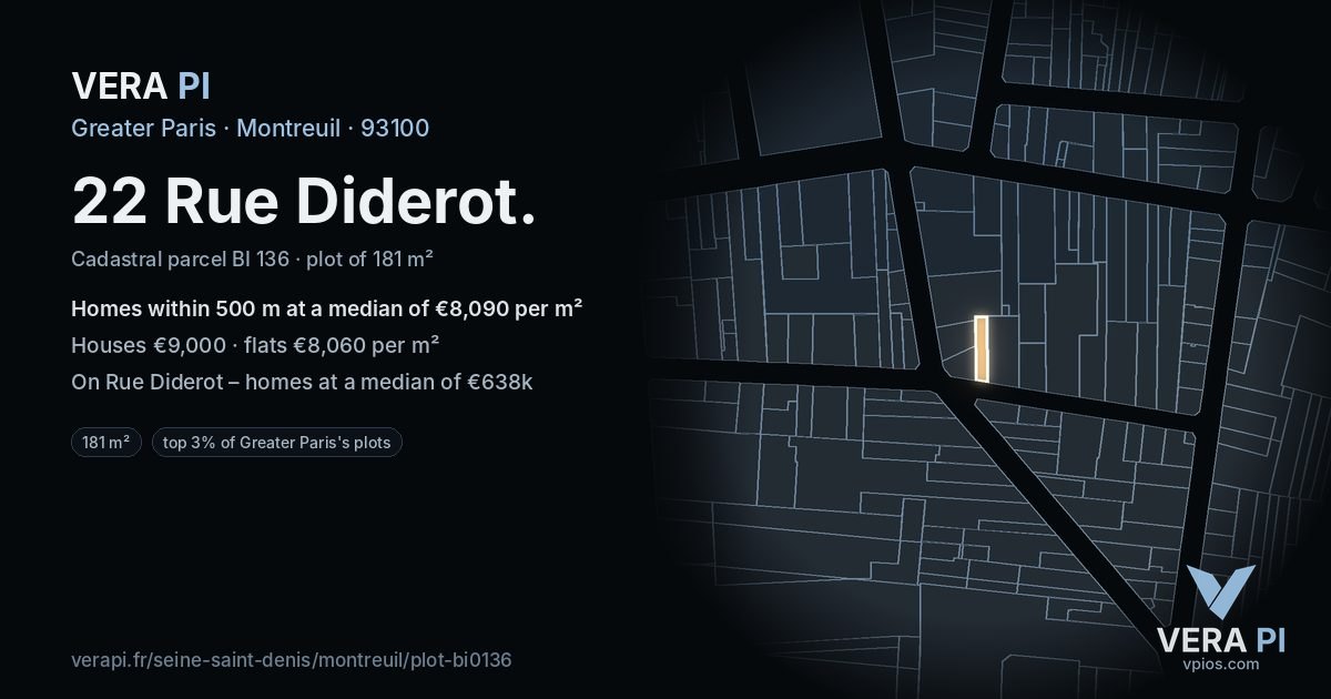 22 Rue Diderot, Montreuil at night – the plot lit, the parcels around coloured by the prices near them