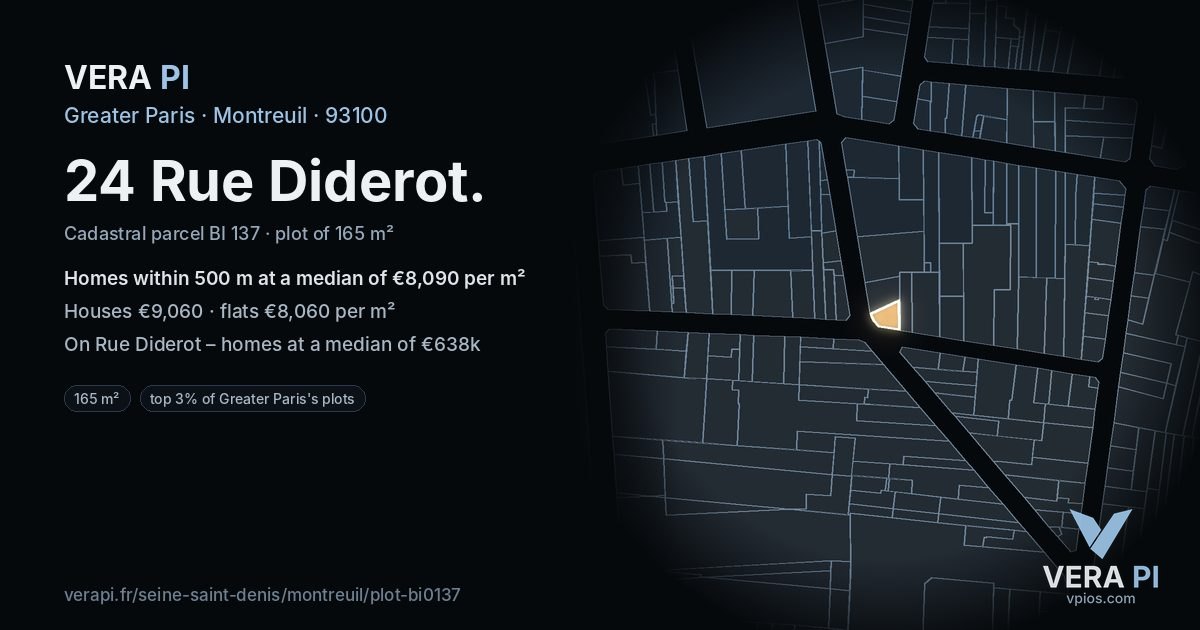 24 Rue Diderot, Montreuil at night – the plot lit, the parcels around coloured by the prices near them