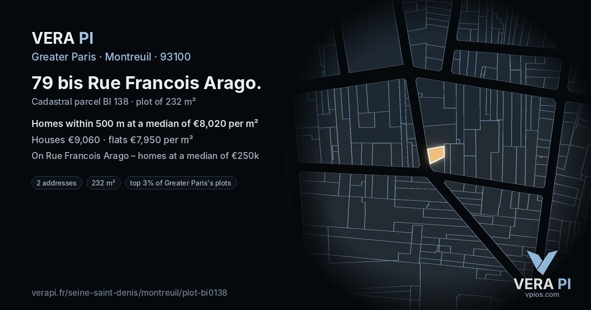 79 bis Rue Francois Arago, Montreuil at night – the plot lit, the parcels around coloured by the prices near them