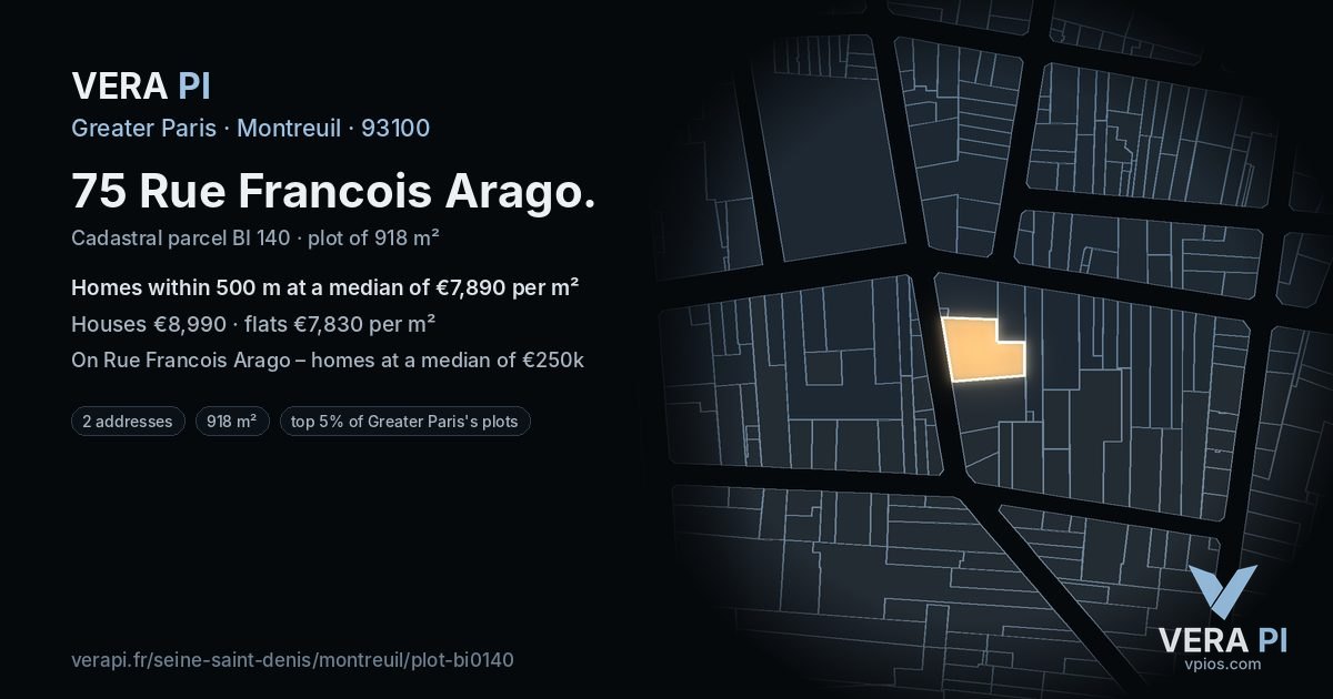 75 Rue Francois Arago, Montreuil at night – the plot lit, the parcels around coloured by the prices near them