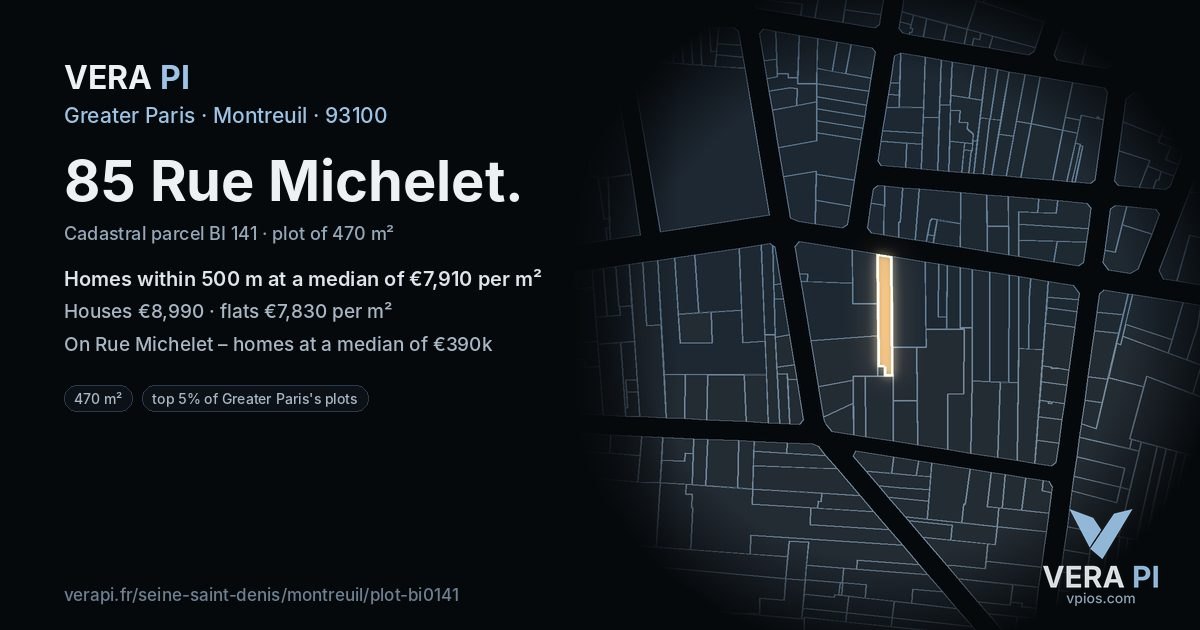 85 Rue Michelet, Montreuil at night – the plot lit, the parcels around coloured by the prices near them