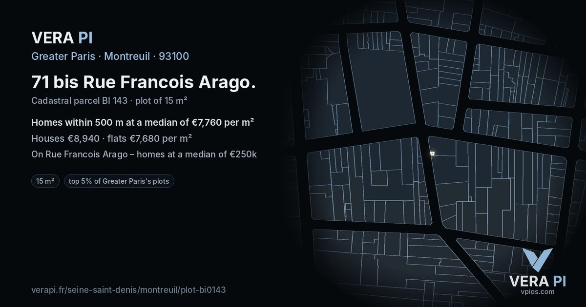 71 bis Rue Francois Arago, Montreuil at night – the plot lit, the parcels around coloured by the prices near them