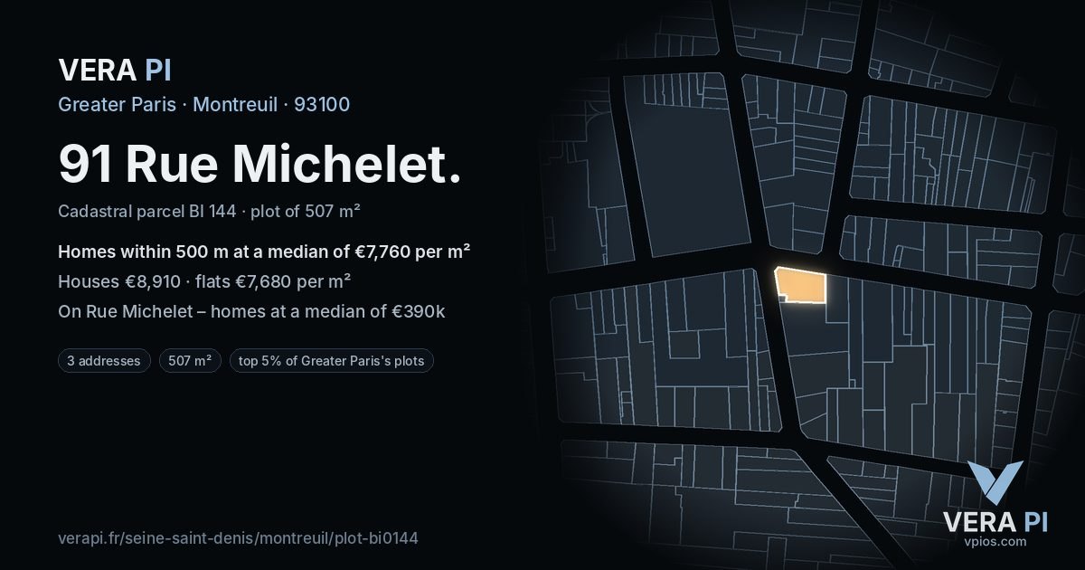 91 Rue Michelet, Montreuil at night – the plot lit, the parcels around coloured by the prices near them