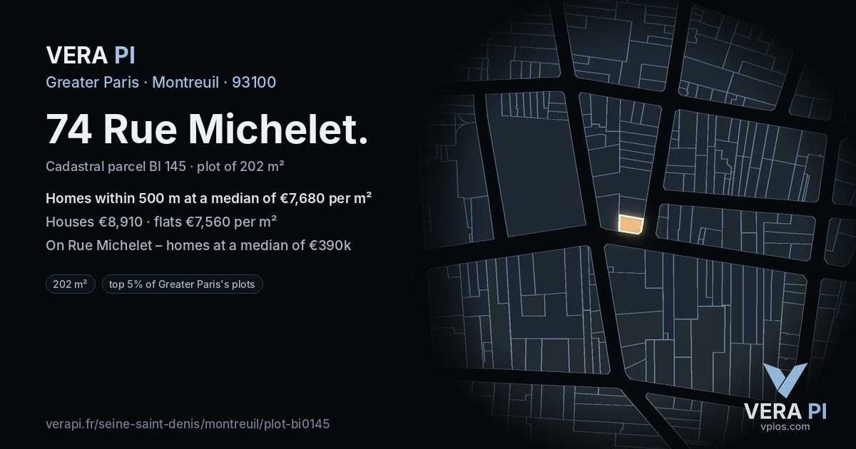 74 Rue Michelet, Montreuil at night – the plot lit, the parcels around coloured by the prices near them