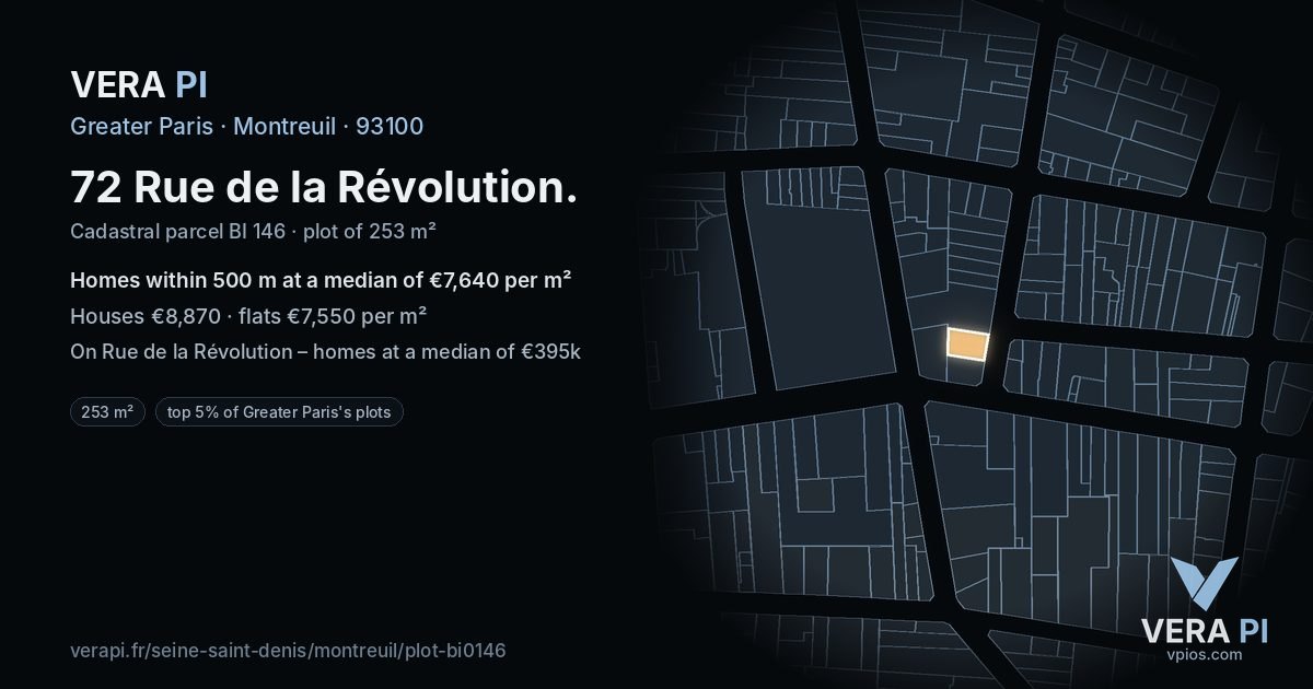 72 Rue de la Révolution, Montreuil at night – the plot lit, the parcels around coloured by the prices near them