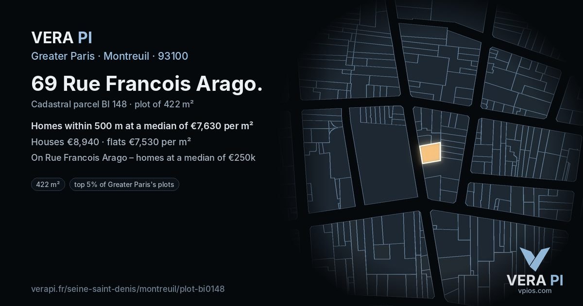 69 Rue Francois Arago, Montreuil at night – the plot lit, the parcels around coloured by the prices near them