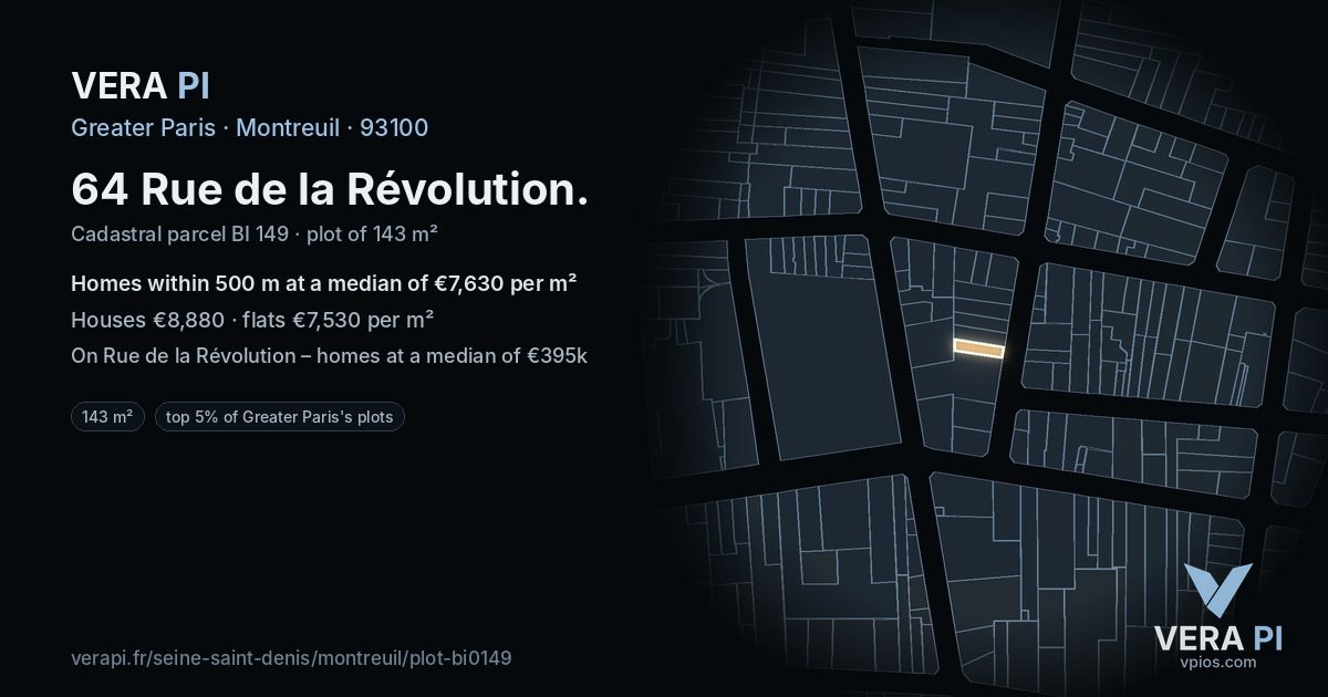 64 Rue de la Révolution, Montreuil at night – the plot lit, the parcels around coloured by the prices near them