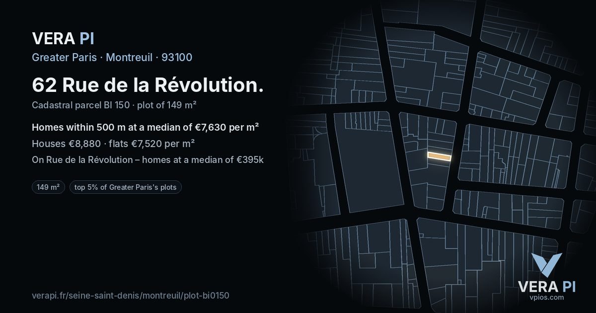 62 Rue de la Révolution, Montreuil at night – the plot lit, the parcels around coloured by the prices near them