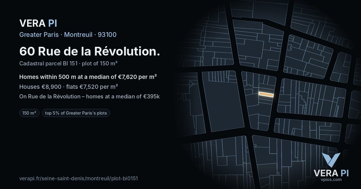 60 Rue de la Révolution, Montreuil at night – the plot lit, the parcels around coloured by the prices near them