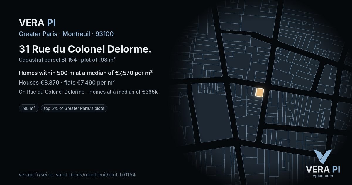 31 Rue du Colonel Delorme, Montreuil at night – the plot lit, the parcels around coloured by the prices near them