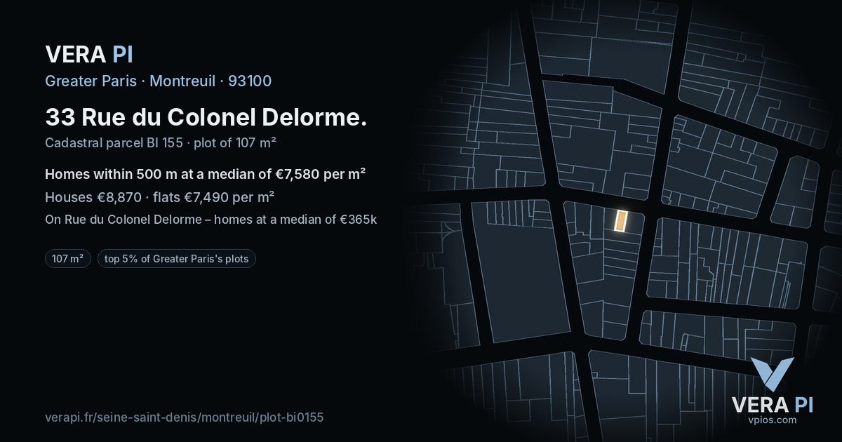 33 Rue du Colonel Delorme, Montreuil at night – the plot lit, the parcels around coloured by the prices near them