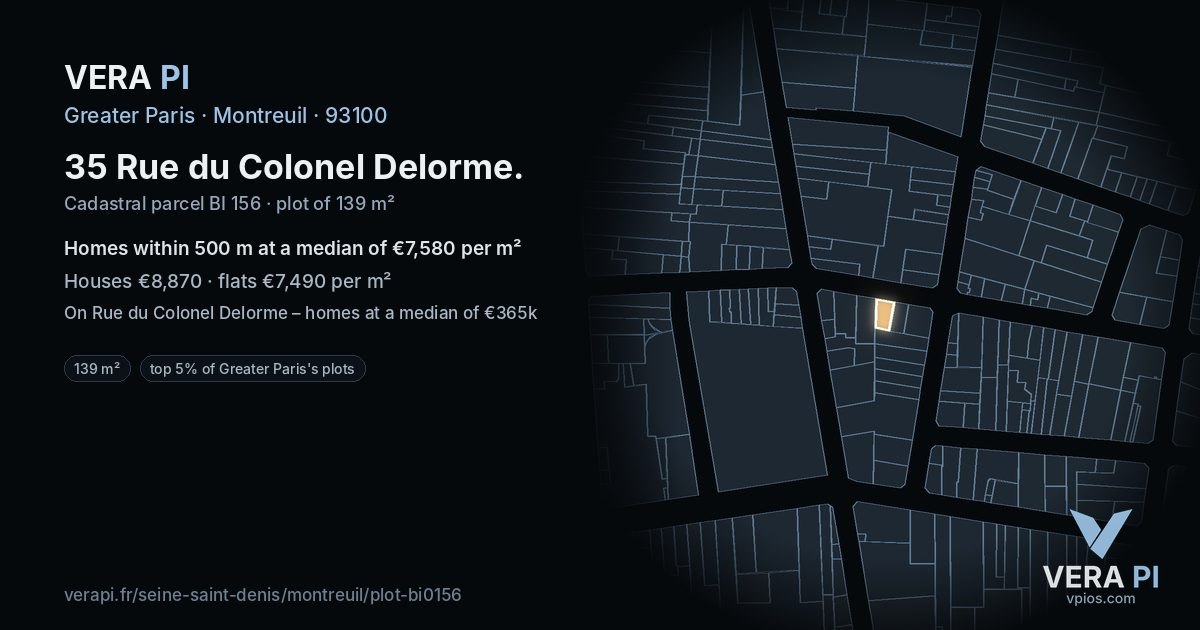 35 Rue du Colonel Delorme, Montreuil at night – the plot lit, the parcels around coloured by the prices near them