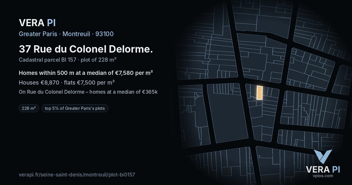 37 Rue du Colonel Delorme, Montreuil at night – the plot lit, the parcels around coloured by the prices near them