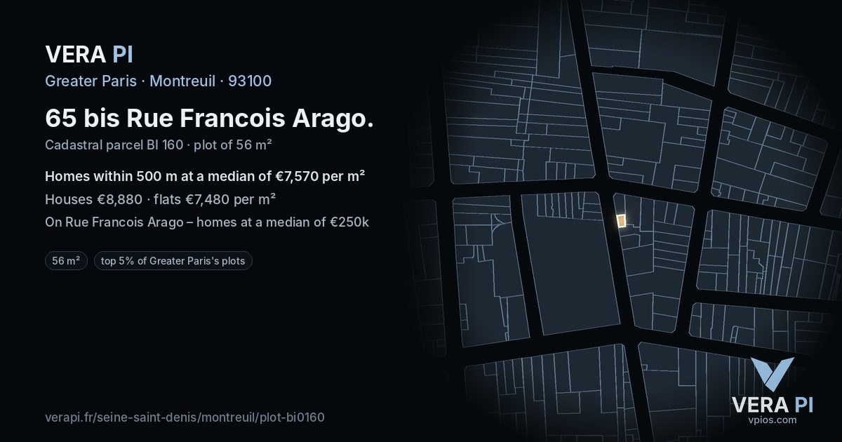65 bis Rue Francois Arago, Montreuil at night – the plot lit, the parcels around coloured by the prices near them
