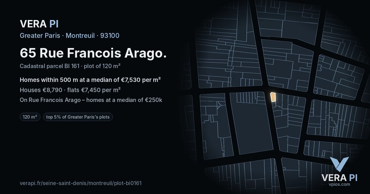 65 Rue Francois Arago, Montreuil at night – the plot lit, the parcels around coloured by the prices near them
