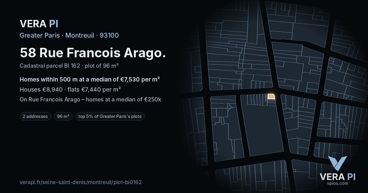 58 Rue Francois Arago, Montreuil at night – the plot lit, the parcels around coloured by the prices near them