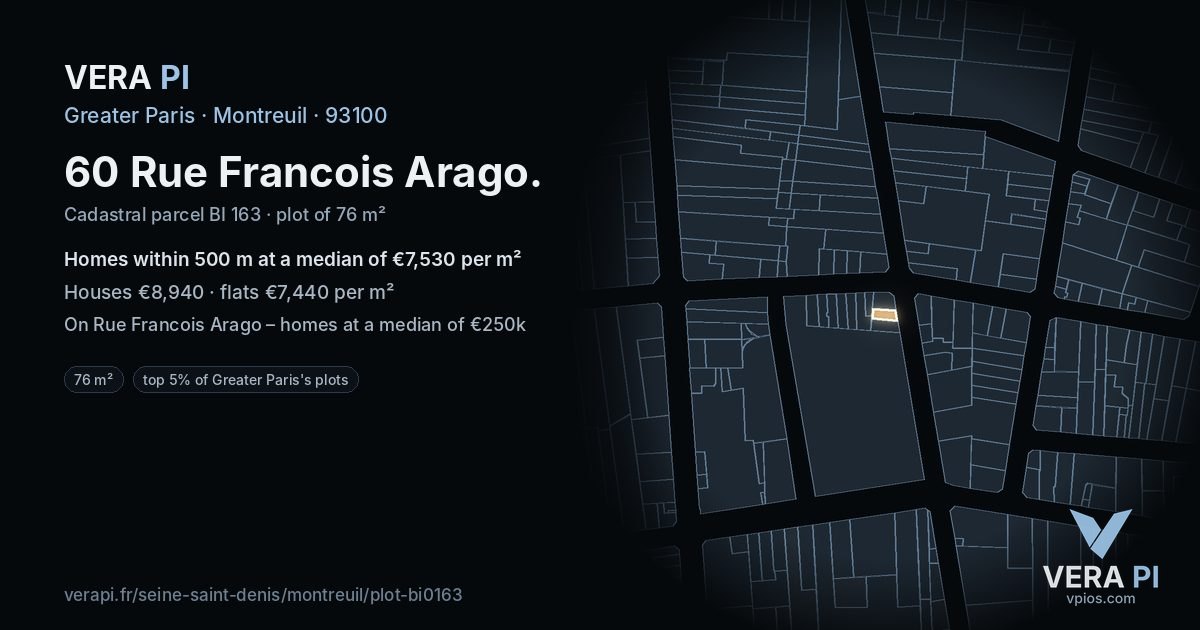 60 Rue Francois Arago, Montreuil at night – the plot lit, the parcels around coloured by the prices near them
