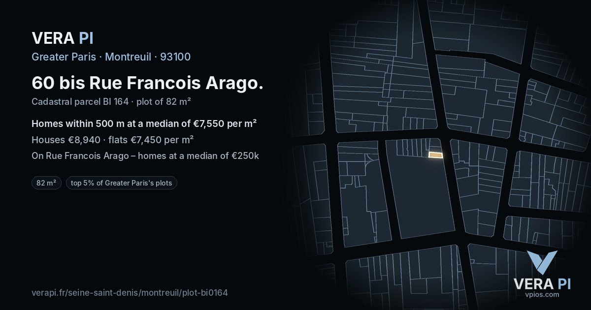 60 bis Rue Francois Arago, Montreuil at night – the plot lit, the parcels around coloured by the prices near them