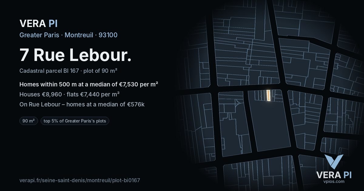 7 Rue Lebour, Montreuil at night – the plot lit, the parcels around coloured by the prices near them