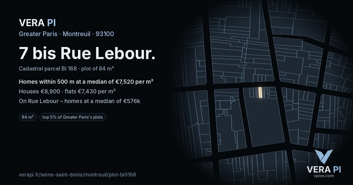 7 bis Rue Lebour, Montreuil at night – the plot lit, the parcels around coloured by the prices near them